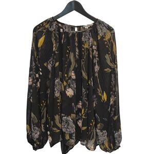 A New Day Womens XXL Floral Print Long Sleeve‎ Blouse Black Trendy